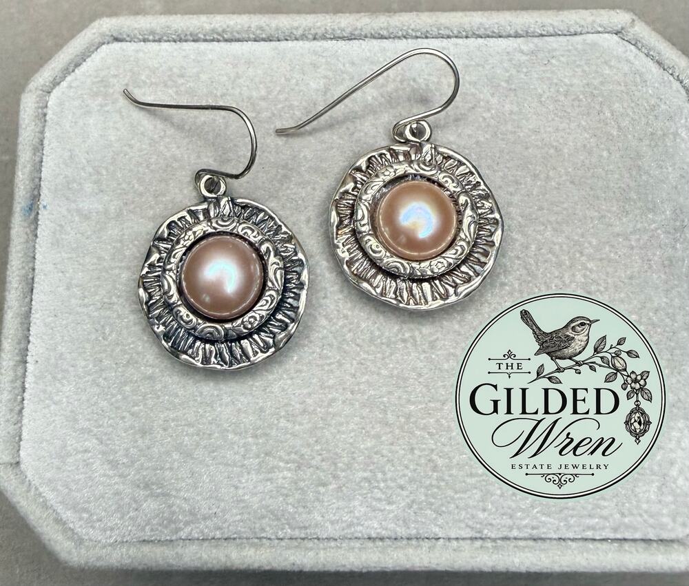 Didae Shablool Israel Sterling Silver Pearl Earrings 925 Textured Dangle